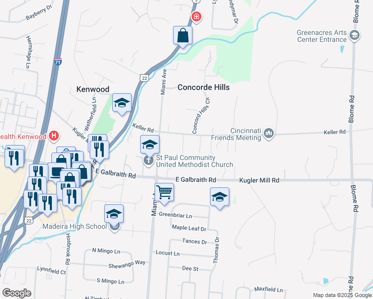 map of restaurants, bars, coffee shops, grocery stores, and more near 7835 Keller Road in Cincinnati