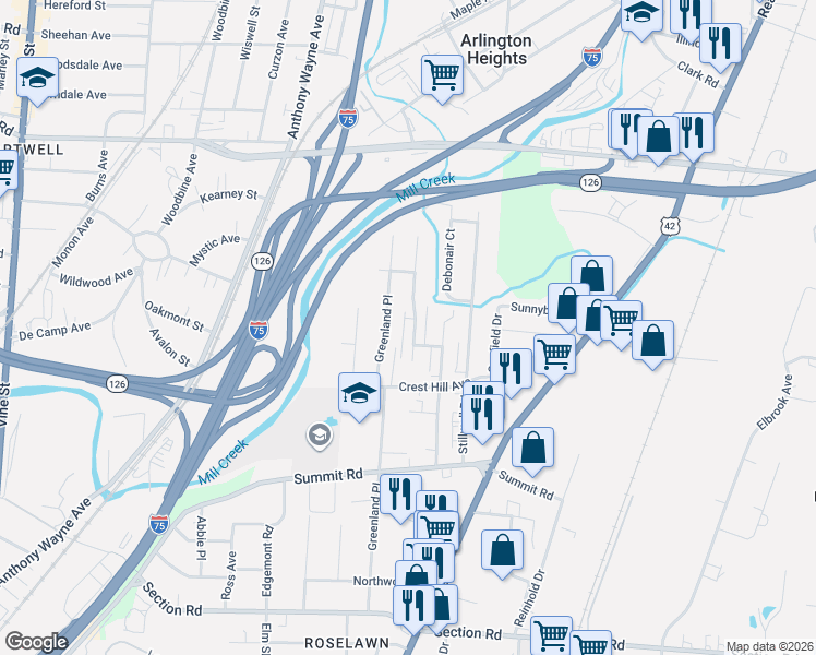 map of restaurants, bars, coffee shops, grocery stores, and more near 7865 Glen Orchard Drive in Cincinnati