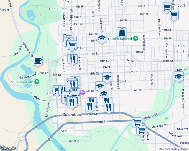 map of restaurants, bars, coffee shops, grocery stores, and more near 803 Pearl Street in Columbus
