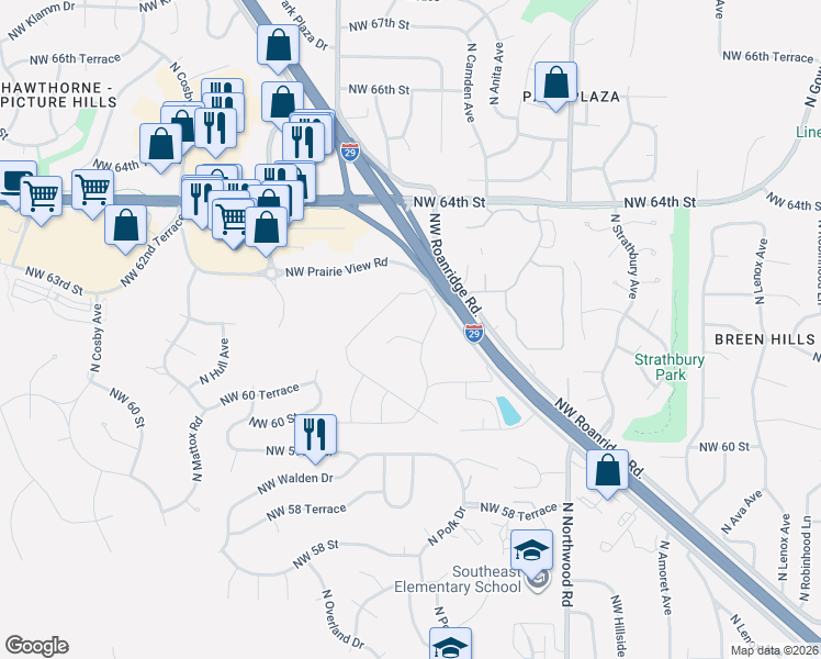 map of restaurants, bars, coffee shops, grocery stores, and more near 6140 Northwest Martin Drive in Kansas City