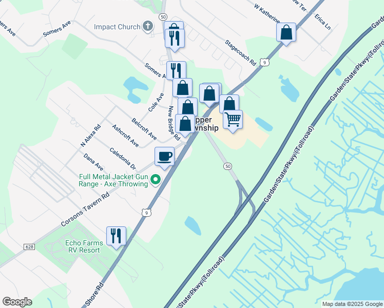 map of restaurants, bars, coffee shops, grocery stores, and more near 3003 U.S. 9 in Upper Township