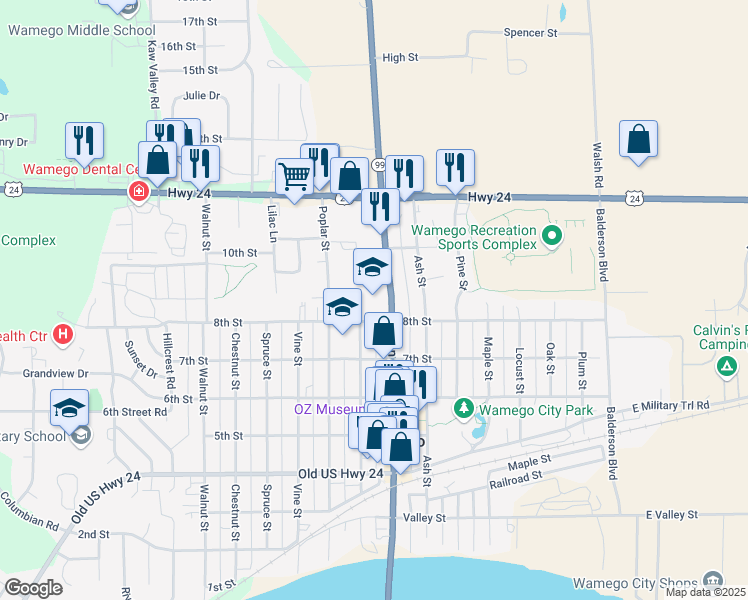 map of restaurants, bars, coffee shops, grocery stores, and more near 801 Lincoln Avenue in Wamego