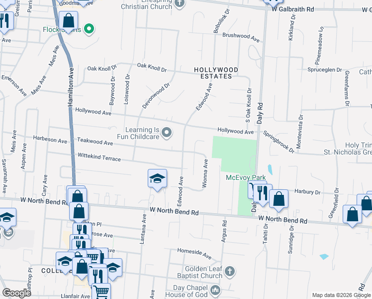 map of restaurants, bars, coffee shops, grocery stores, and more near 6503 Edwood Avenue in Cincinnati