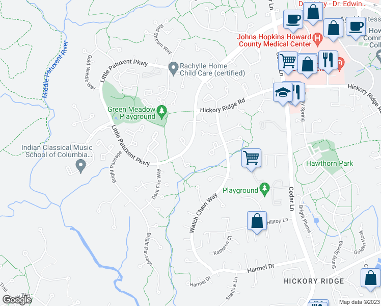 map of restaurants, bars, coffee shops, grocery stores, and more near 11527 Little Patuxent Parkway in Columbia