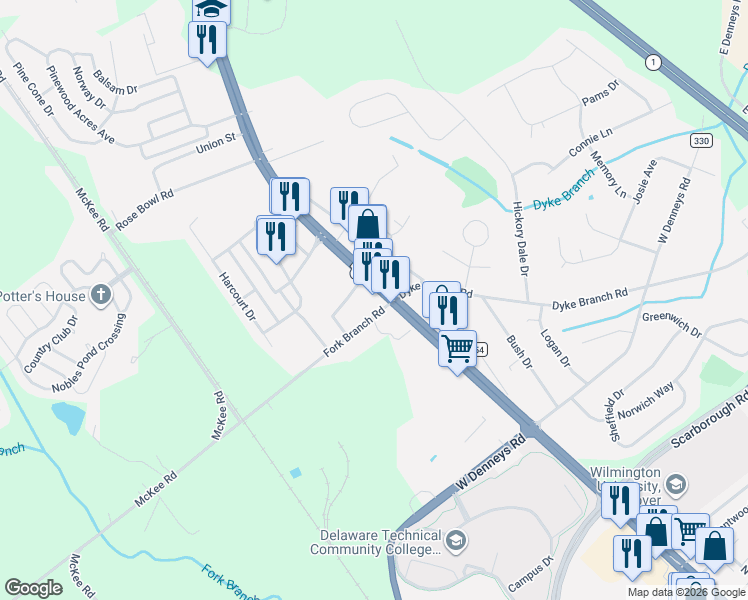 map of restaurants, bars, coffee shops, grocery stores, and more near 4105 North Dupont Highway in Dover