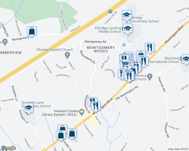 map of restaurants, bars, coffee shops, grocery stores, and more near 6200 Sandrise Court in Elkridge