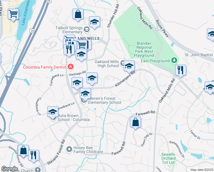 map of restaurants, bars, coffee shops, grocery stores, and more near 9500 Kilimanjaro Road in Columbia