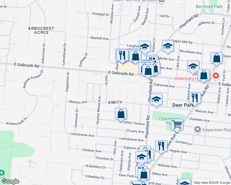 map of restaurants, bars, coffee shops, grocery stores, and more near 7837 Dearborn Avenue in Cincinnati