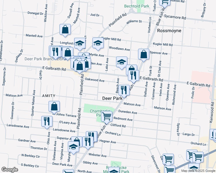 map of restaurants, bars, coffee shops, grocery stores, and more near 4217 Oakwood Avenue in Cincinnati