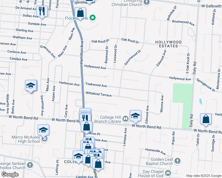 map of restaurants, bars, coffee shops, grocery stores, and more near 1515 Teakwood Avenue in Cincinnati