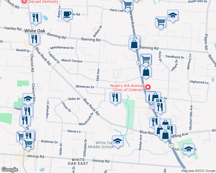 map of restaurants, bars, coffee shops, grocery stores, and more near 3169 Lapland Drive in Cincinnati