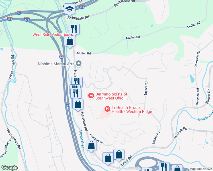map of restaurants, bars, coffee shops, grocery stores, and more near 5557 Twin Lakes Court in Cincinnati