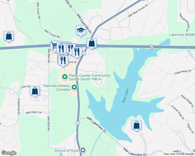 map of restaurants, bars, coffee shops, grocery stores, and more near 6126 Northwest Pineridge Circle in Parkville