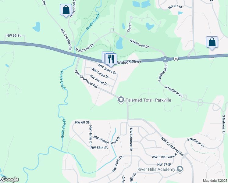 map of restaurants, bars, coffee shops, grocery stores, and more near 6107 Northwest Casper Drive in Kansas City