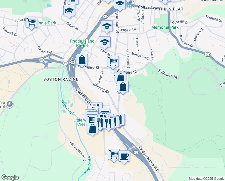 map of restaurants, bars, coffee shops, grocery stores, and more near 639 Whiting Street in Grass Valley