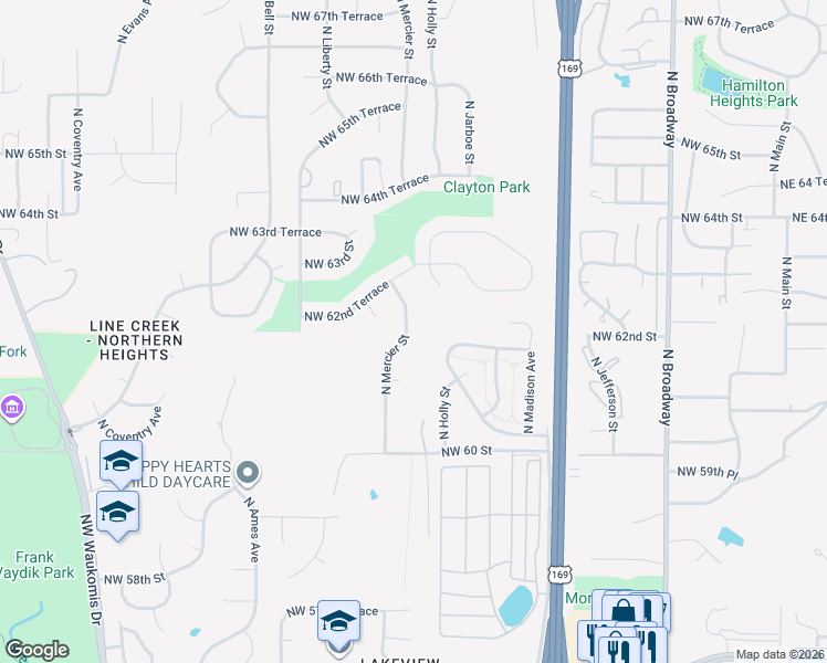 map of restaurants, bars, coffee shops, grocery stores, and more near 6228 North Mercier Street in Kansas City