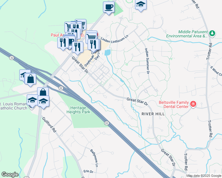 map of restaurants, bars, coffee shops, grocery stores, and more near 6004 Moonsails Lane in Clarksville