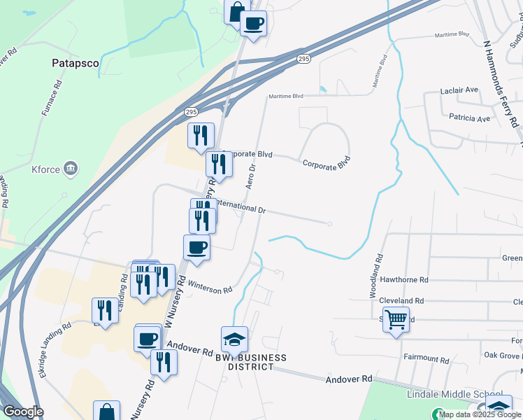 map of restaurants, bars, coffee shops, grocery stores, and more near 1099 Winterson Road in Linthicum Heights