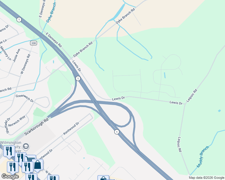 map of restaurants, bars, coffee shops, grocery stores, and more near Lewis Drive in Dover