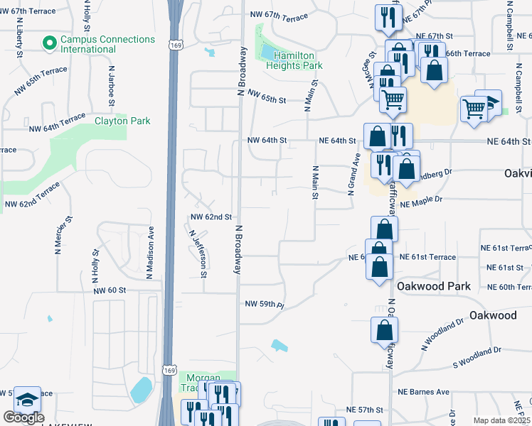map of restaurants, bars, coffee shops, grocery stores, and more near 219 Northwest 62nd Terrace in Kansas City