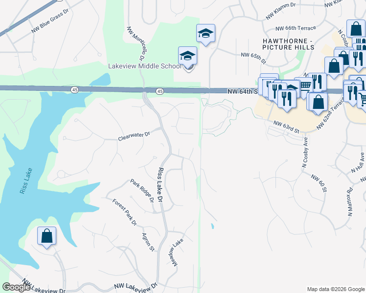 map of restaurants, bars, coffee shops, grocery stores, and more near 5905 Beechwood Court in Parkville