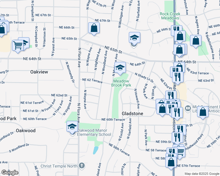 map of restaurants, bars, coffee shops, grocery stores, and more near 6209 North Woodland Avenue in Kansas City