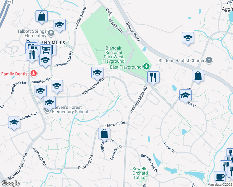 map of restaurants, bars, coffee shops, grocery stores, and more near 9382 Torrent Row in Columbia