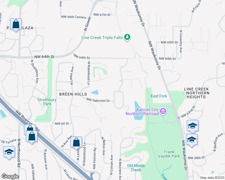 map of restaurants, bars, coffee shops, grocery stores, and more near 3204 Northwest Karen Street in Kansas City