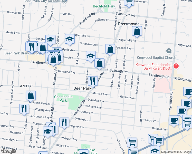 map of restaurants, bars, coffee shops, grocery stores, and more near 4325 Oakwood Avenue in Cincinnati