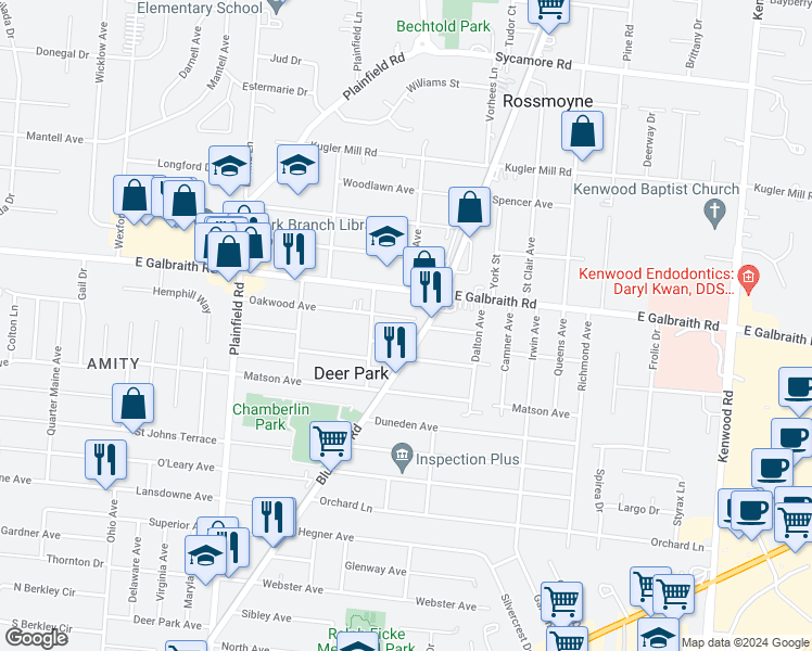 map of restaurants, bars, coffee shops, grocery stores, and more near 4317 Oakwood Avenue in Cincinnati