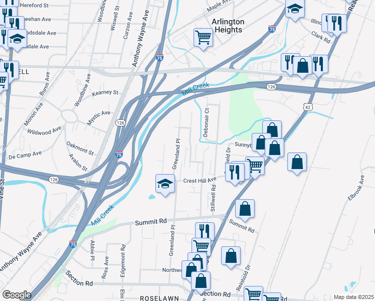 map of restaurants, bars, coffee shops, grocery stores, and more near 7865 Glen Orchard Drive in Cincinnati