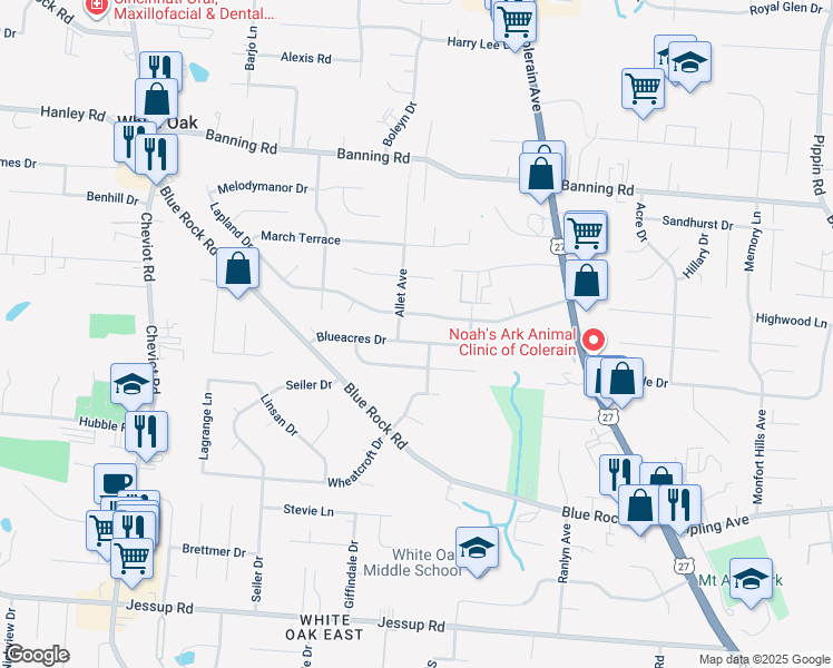 map of restaurants, bars, coffee shops, grocery stores, and more near 3233 Lapland Drive in Cincinnati