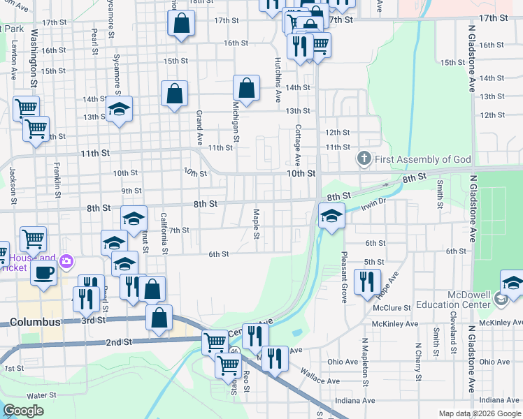 map of restaurants, bars, coffee shops, grocery stores, and more near 741 8th Street in Columbus