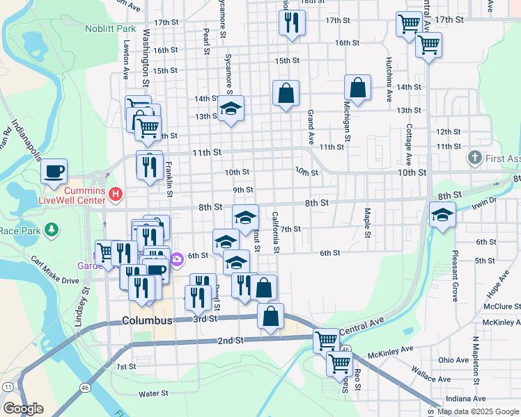 map of restaurants, bars, coffee shops, grocery stores, and more near 924 8th Street in Columbus