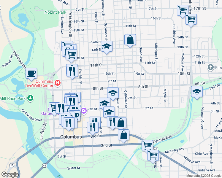 map of restaurants, bars, coffee shops, grocery stores, and more near 805 Sycamore Street in Columbus