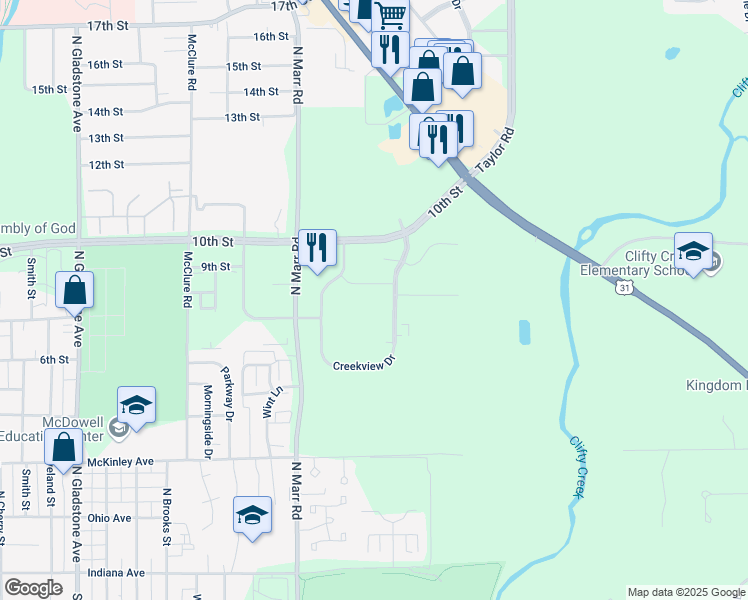 map of restaurants, bars, coffee shops, grocery stores, and more near 711 Creekview Drive in Columbus