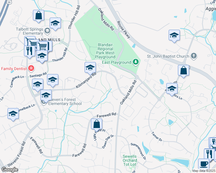 map of restaurants, bars, coffee shops, grocery stores, and more near 9382 Torrent Row in Columbia