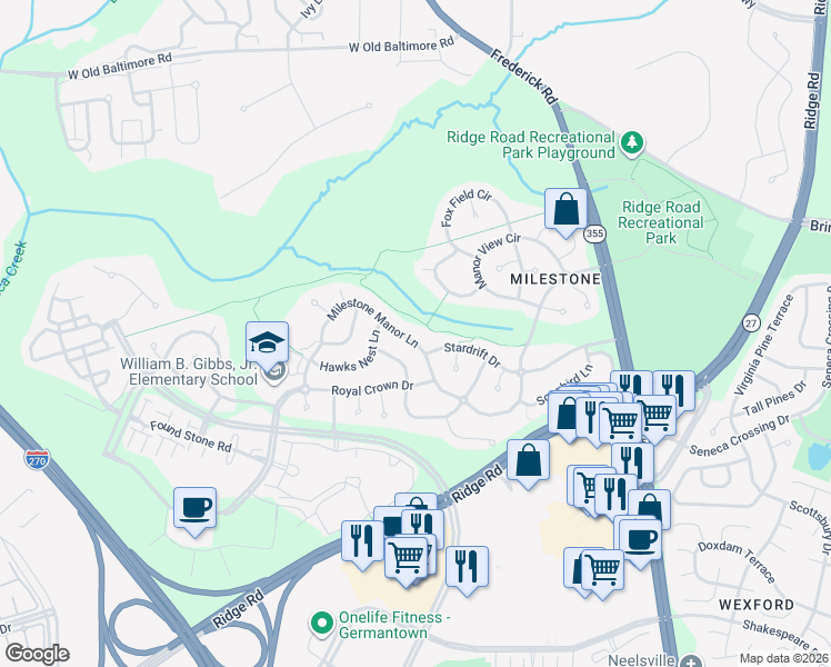 map of restaurants, bars, coffee shops, grocery stores, and more near 12407 Milestone Manor Lane in Germantown