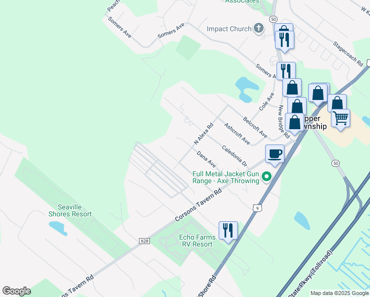 map of restaurants, bars, coffee shops, grocery stores, and more near 2 Marissa Court in Upper Township