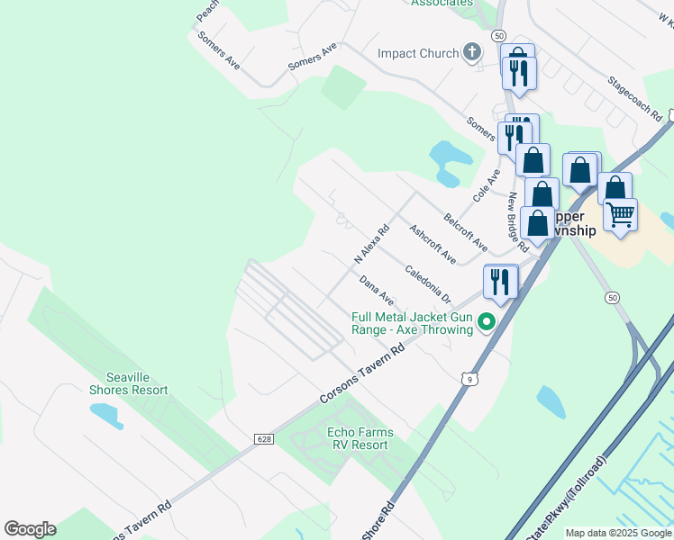 map of restaurants, bars, coffee shops, grocery stores, and more near 2 Marissa Court in Upper Township