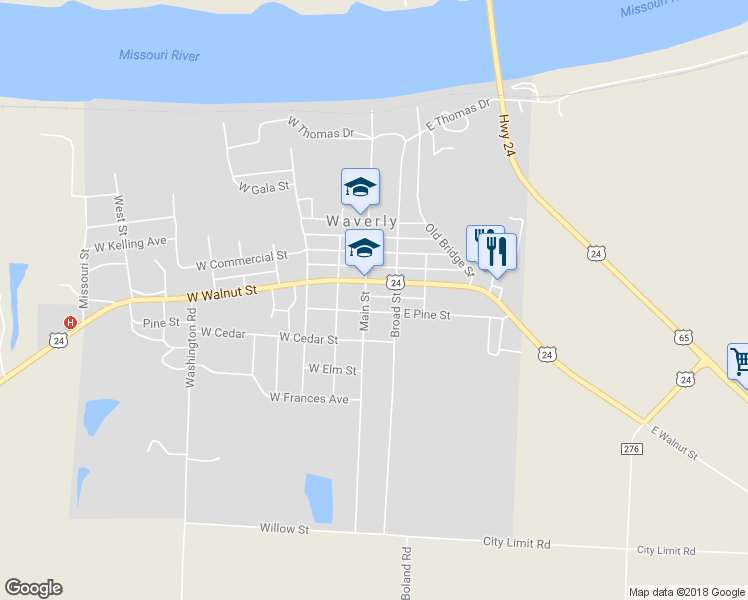 map of restaurants, bars, coffee shops, grocery stores, and more near 705 Main Street in Waverly