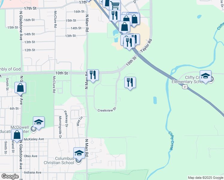 map of restaurants, bars, coffee shops, grocery stores, and more near 711 Creekview Drive in Columbus