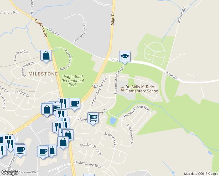 map of restaurants, bars, coffee shops, grocery stores, and more near 11611 Settlers Circle in Germantown