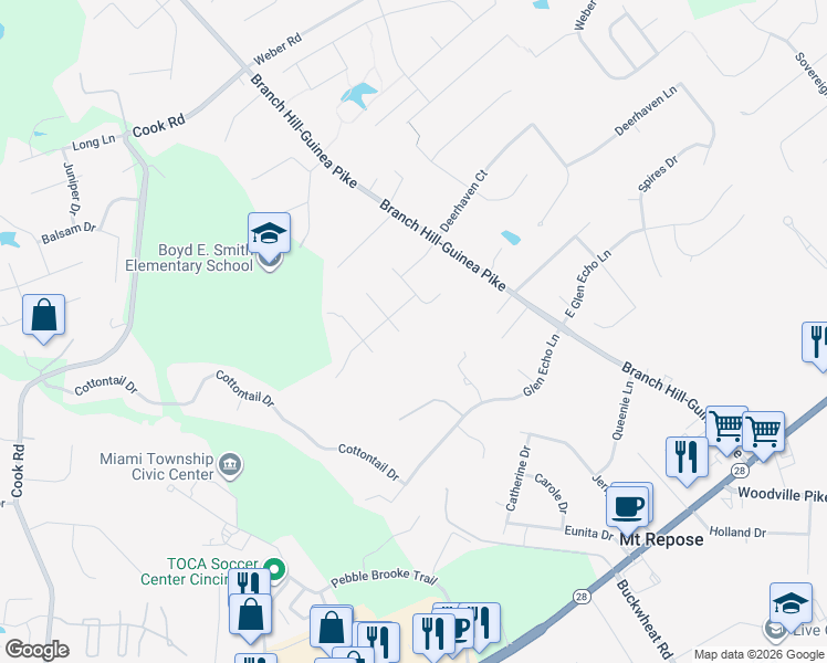 map of restaurants, bars, coffee shops, grocery stores, and more near 5889 Meadow Lark Court in Milford