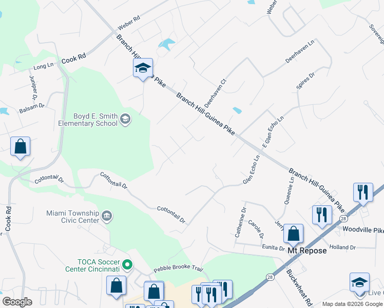 map of restaurants, bars, coffee shops, grocery stores, and more near 5889 Meadow Lark Court in Milford