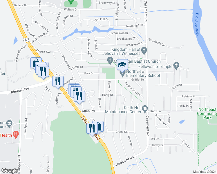 map of restaurants, bars, coffee shops, grocery stores, and more near 2217 Blaker Drive in Manhattan