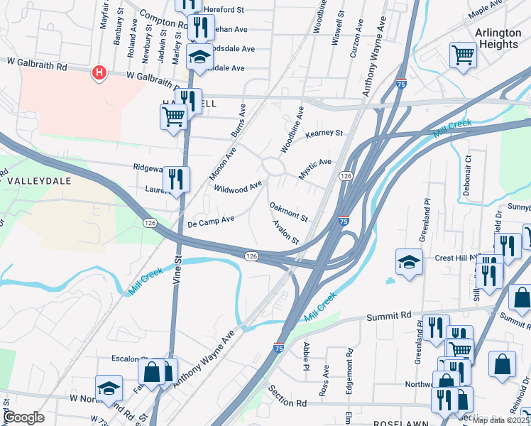 map of restaurants, bars, coffee shops, grocery stores, and more near 233 Avalon Street in Cincinnati