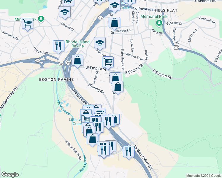 map of restaurants, bars, coffee shops, grocery stores, and more near 639 Whiting Street in Grass Valley