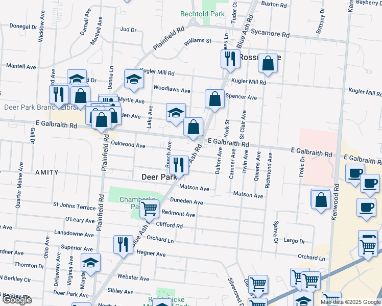 map of restaurants, bars, coffee shops, grocery stores, and more near 8104 Blue Ash Road in Cincinnati