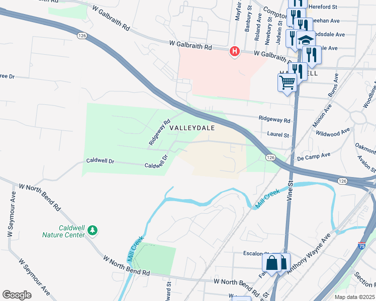 map of restaurants, bars, coffee shops, grocery stores, and more near 177 Caldwell Drive in Cincinnati
